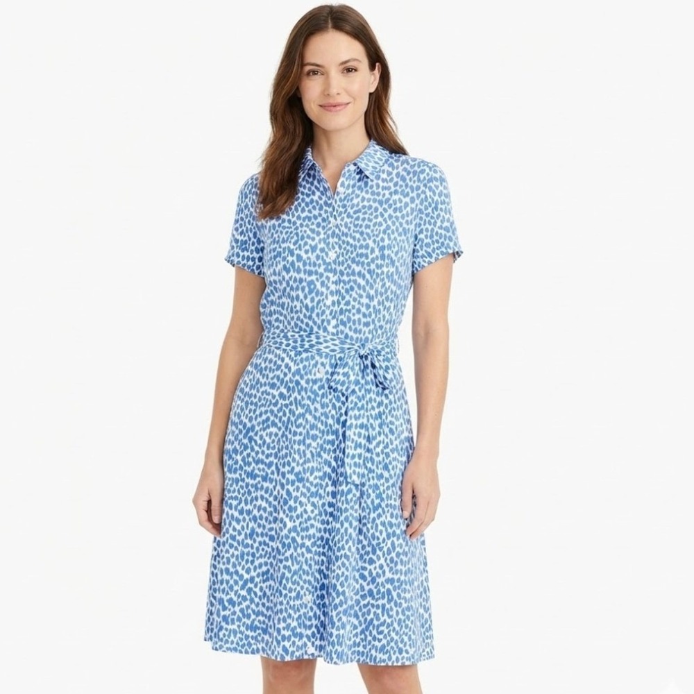 Isaac Mizrahi Womens Print Shirt Belted Dress‎ Midi M Blue White Leopard Casual